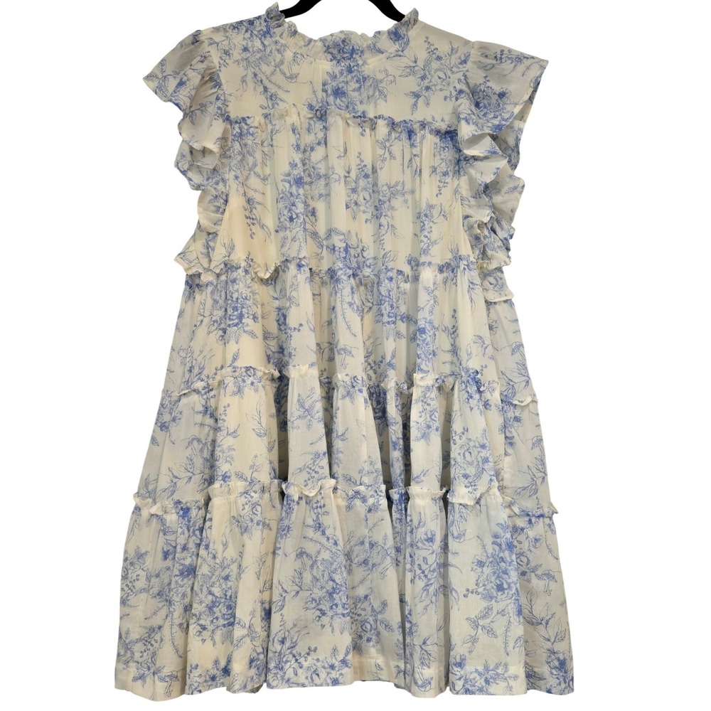 Talmlah Blue Toile Floral Tiered Ruffle Midi Dress L Cottagecore - Picture 2 of 10